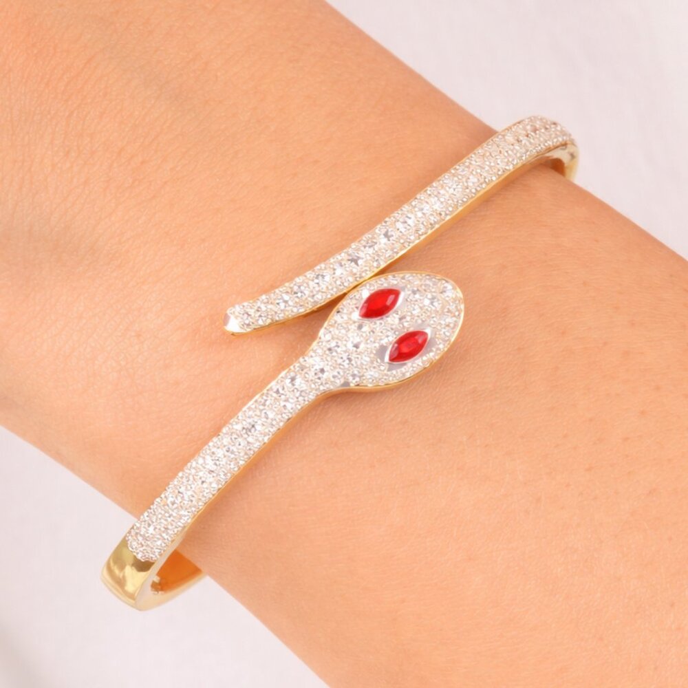 18K Gold Plated Snake Hinged Bangle Bracelet Stainless Steel CZ Pave Red Eyes